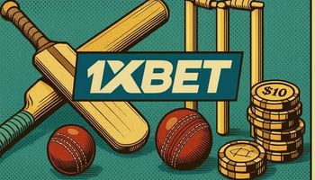 Retro-style illustration of a cricket bat, ball, wickets, 1xBet logo, and betting elements, inspired by mid-century modern design.