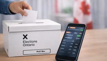 Smartphone showing betting odds next to a Canadian ballot box representing Alberta election betting ban