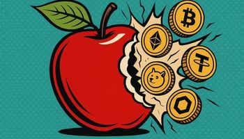 Retro pop art illustration of a bitten red apple with cryptocurrency coins like Bitcoin, Ethereum, Dogecoin, and Tether bursting out.