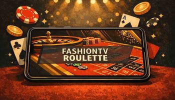 Illustrated mobile phone showing roulette game in luxury red carpet casino setting.