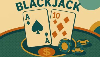 An illustration of a blackjack table with playing cards, chips, and a dealer shoe.