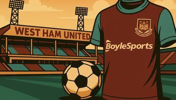 An illustration showing a classic football stadium in maroon and blue hues, symbolizing West Ham United. A football shirt with the BoyleSports logo is prominently featured in the foreground.