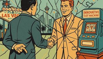 Two businessmen shaking hands in front of an innovative slot machine in Las Vegas, with a cracked glass effect revealing hidden tension. Retro comic book style.