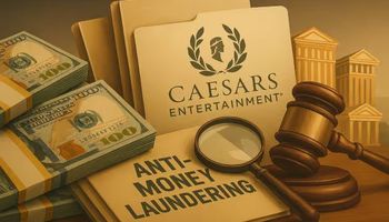 A detailed landscape digital illustration showing an investigation scene with folders, a gavel, a magnifying glass, stacks of cash, and the Caesars Entertainment logo.