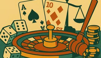 Illustration of a roulette wheel, dice, playing cards, a judge’s gavel, and scales of justice symbolizing legal action in the casino industry.