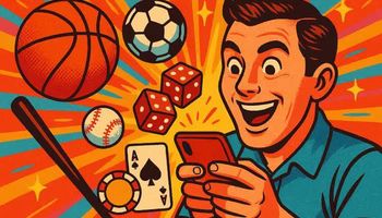 Retro comic-style illustration of a man playing on a smartphone, with vibrant casino chips, dice, and sports elements flying around him.