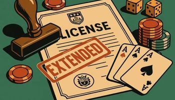An illustration showing a government license stamped "Extended," surrounded by casino elements like poker chips, dice, and playing cards.