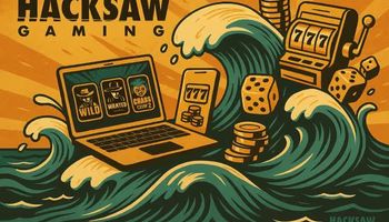 Vintage-style illustration of Atlantic City at sunset with a giant ocean wave filled with casino symbols and the Hacksaw Gaming and betOcean logos, representing digital casino expansion in New Jersey.