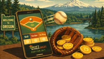 Mobile baseball betting interface with coins and glove set against Oregon landscape illustrating DraftKings DK Replay