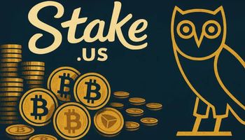 An illustration representing Drake gambling lawsuit, featuring the Stake.us logo, drakes owl logo and a pile of Bitcoin and gold coins on the other, representing crypto-based sweepstakes gambling.