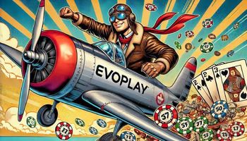 A pilot flying an Evoplay-branded airplane, dropping casino chips and game icons over Ontario
