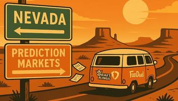 Illustration of a VW van with FanDuel and DraftKings stickers driving toward prediction markets, passing a road sign pointing back to Nevada in a desert landscape.
