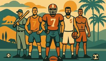 An illustration of five fantasy sports athletes standing confidently with California landmarks in the background, including palm trees and the Capitol dome, symbolizing the legal battle over daily fantasy sports in the state.