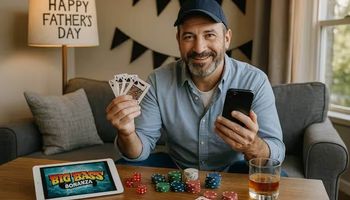 a dad enjoying playing online casino games on father's day.