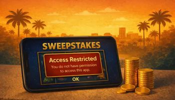 Illustration of a smartphone showing an “Access Restricted” message on a sweepstakes casino app against a Florida sunset background.
