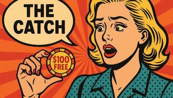 Retro-style comic illustration of a woman holding a $100 free casino chip, in a mid-century pop art style