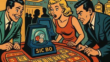 Retro-style illustration of a futuristic SicBo casino table scene with players.