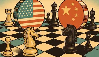 Retro-style illustration of a chessboard with oversized U.S. and Chinese-themed casino chips and two-toned chess pieces symbolizing strategic tensions.