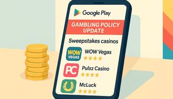 A smartphone displaying the Google Play Store with a “Gambling Policy Update” banner and sweepstakes casino apps visible, with sweepstake gold coins.
