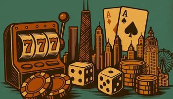 A retro-style illustrated scene featuring the Illinois skyline with casino elements including poker chips, playing cards, dice, and a slot machine.