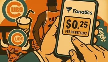 A retro-style illustration of a hand holding a phone showing a $0.25 Fanatics betting fee, with iconic Illinois sports imagery in the background.