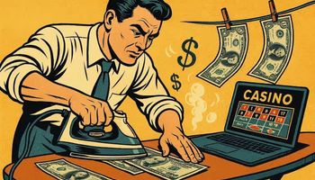 A retro comic-style illustration of a man ironing US dollar bills on an ironing board next to a laptop displaying an online casino game, with more cash hanging on a clothesline and dollar-sign bubbles floating around.
