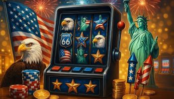 Photorealistic 4th of July-themed casino scene with slot machine, American flag, fireworks, Statue of Liberty, bald eagle, and poker chips.