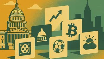 Illustration showing icons for politics, finance, sports, crypto, and weather over New York and Capitol skylines, symbolizing the Kalshi New York lawsuit over prediction market regulation.