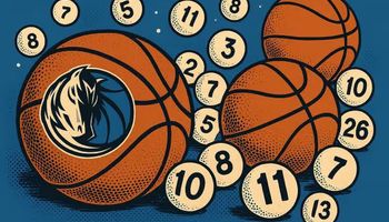 Retro pop art illustration of basketballs and lottery balls on a blue background, featuring a large Dallas Mavericks logo basketball.