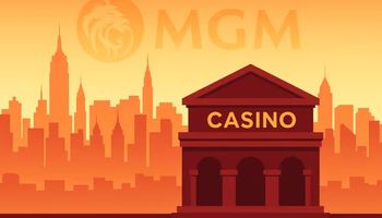 Landscape illustration of a city skyline at dusk with a casino building in the foreground and a fading MGM logo above the skyline, symbolizing MGM’s withdrawal from the New York casino race.