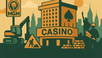 illustration of a modern casino under construction in Yonkers, New York, with cityscape in the background.