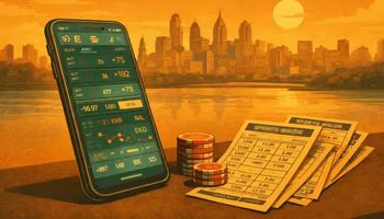 illustration of a smartphone showing live sports betting odds with multiple betting slips and a Philadelphia skyline in the background, representing microbetting activity.