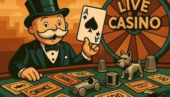 Illustration of Mr. Monopoly standing in a live casino setting with Monopoly tokens, cards, and game money, marking Evolution’s Hasbro partnership.