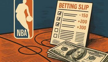 Illustration showing the NBA logo with a betting slip and US cash on a basketball court