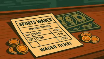 Illustrated Nevada betting slip lying on a bookmaker’s counter with coins and dollar bills beside it in a retro sportsbook style.