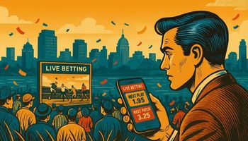 Illustration of a crowd watching a live sports match on a large outdoor screen, with a bettor checking microbetting odds on a phone against the New Jersey skyline.