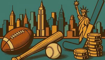 Illustration of New York City skyline with American football, hockey, and baseball equipment.