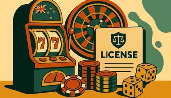 An illustration of a laptop, roulette wheel, slot machine, coins, and a New Zealand map, symbolizing the country's move to regulate online gambling