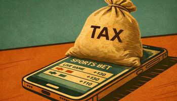 Illustration showing a sports betting mobile phone weighed down by a tax burden as Chicago prepares to increase online sports betting taxes