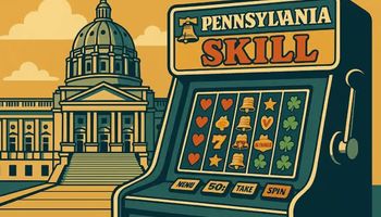 A retro-style illustration of a Pennsylvania Skill game machine placed on the steps of the Pennsylvania State Capitol, drawn in a mid-century modern design with muted colors and clean lines.
