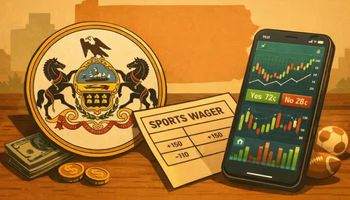 Illustration of the Pennsylvania state seal beside a sports wager slip, phone charts, and cash, symbolising state scrutiny of prediction markets and sports betting.