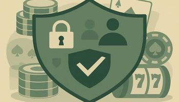 Illustration of a green shield symbolizing player protection, with icons of a padlock, user profile, and checkmark overlayed, surrounded by casino elements like chips, cards, and slot reels.