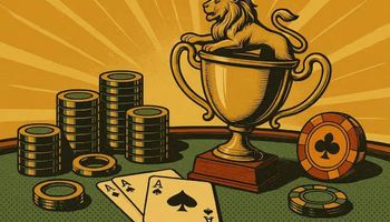A vintage-style illustration of a poker trophy, casino chips, and playing cards on a green felt table, designed in a mid-century modern aesthetic.