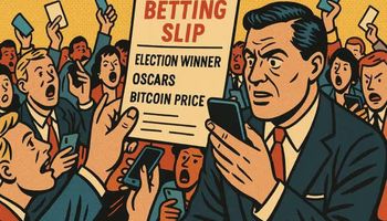 A retro comic-style crowd holding mobile phones and betting slips as they make bets on real -world events.