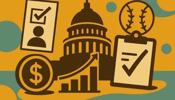 Flat-style illustration representing prediction markets and regulatory oversight, featuring market charts, scales, and digital contract symbols.