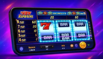 A smartphone displays the Rapid Gems 777 slot game by TaDa Gaming