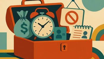 A mid-century modern-style illustration of a casino-themed toolkit containing symbolic items representing responsible gambling tools, including a clock for session limits, a piggy bank for deposit limits, a padlock for self-exclusion, and a document folder for access to account history.