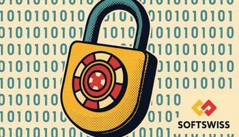 Retro-style illustration of a padlock with a casino chip design, symbolizing SoftSwiss Affilka's fraud detection tool, with binary code background.