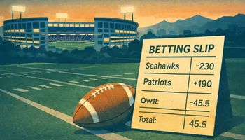 Illustration of an American football stadium with a betting slip ahead of Super Bowl betting in 2026.