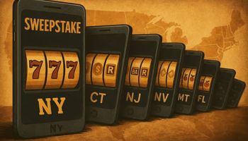 Illustration of smartphones falling like dominoes, each showing a slot game and state initials, symbolizing the sweepstakes casino ban spreading across the United States.